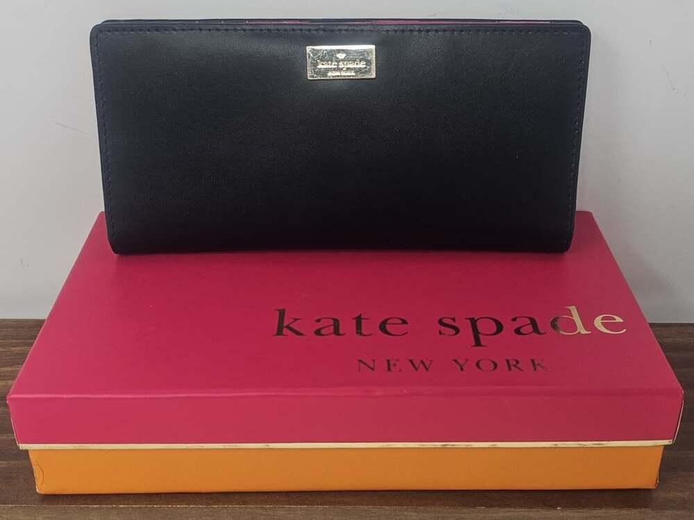 Kate Spade Stacy Large Slim Bifold wallet Black Pink Newbury Lane Leather NIB - Picture 1 of 11
